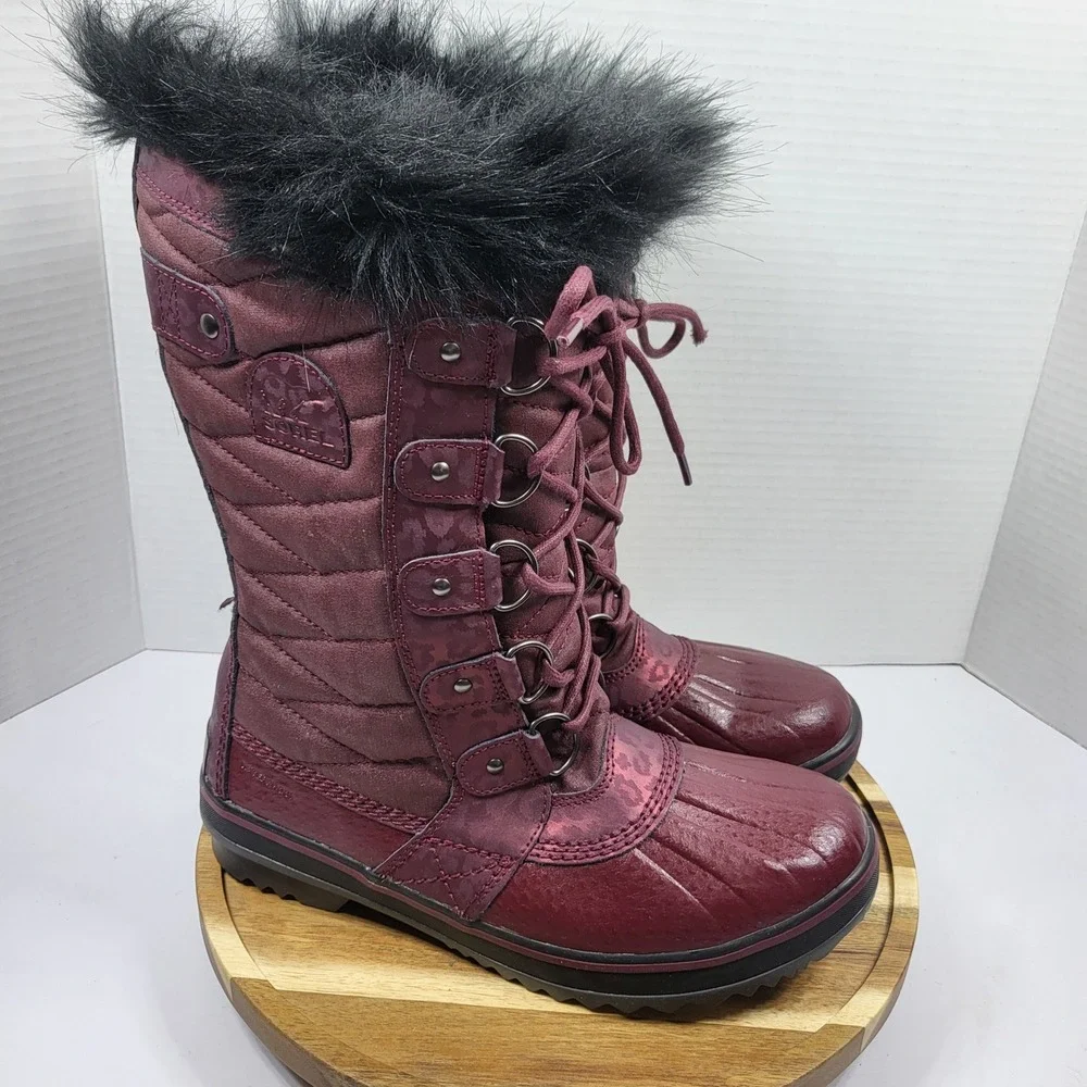 Sorel Women's‎ Tofino II Boots 7 Burgundy Leopard Waterproof Winter Snow NL3072